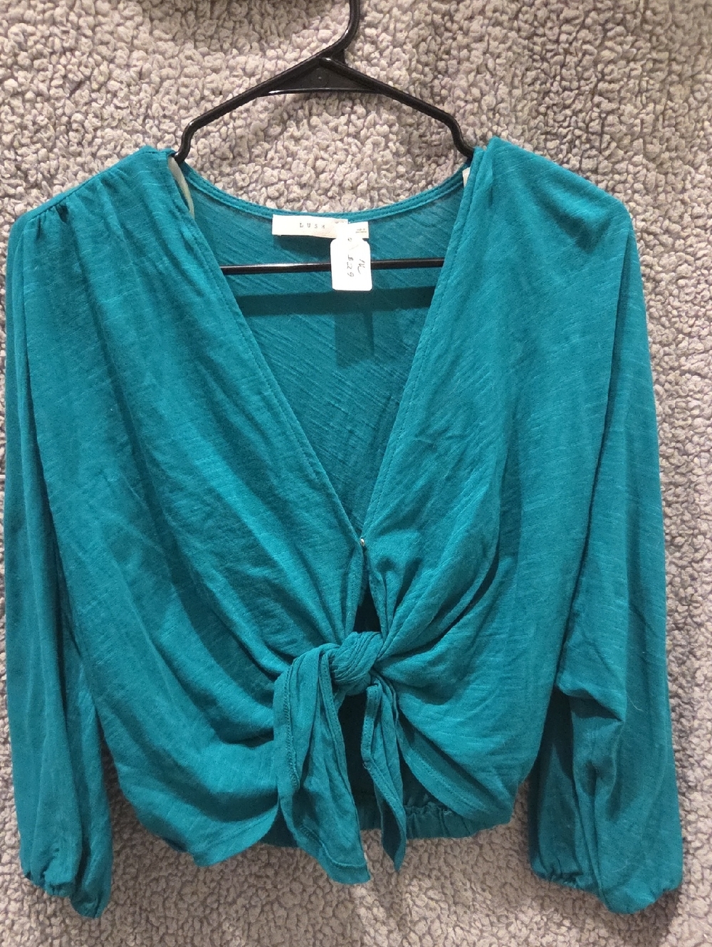 Lush Teal Tie-Front Long Sleeve Blouse